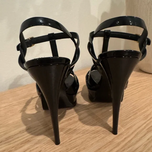 Saint Laurent Black Patent T-Strap Heels with Gold Logo - Picture 9 of 16